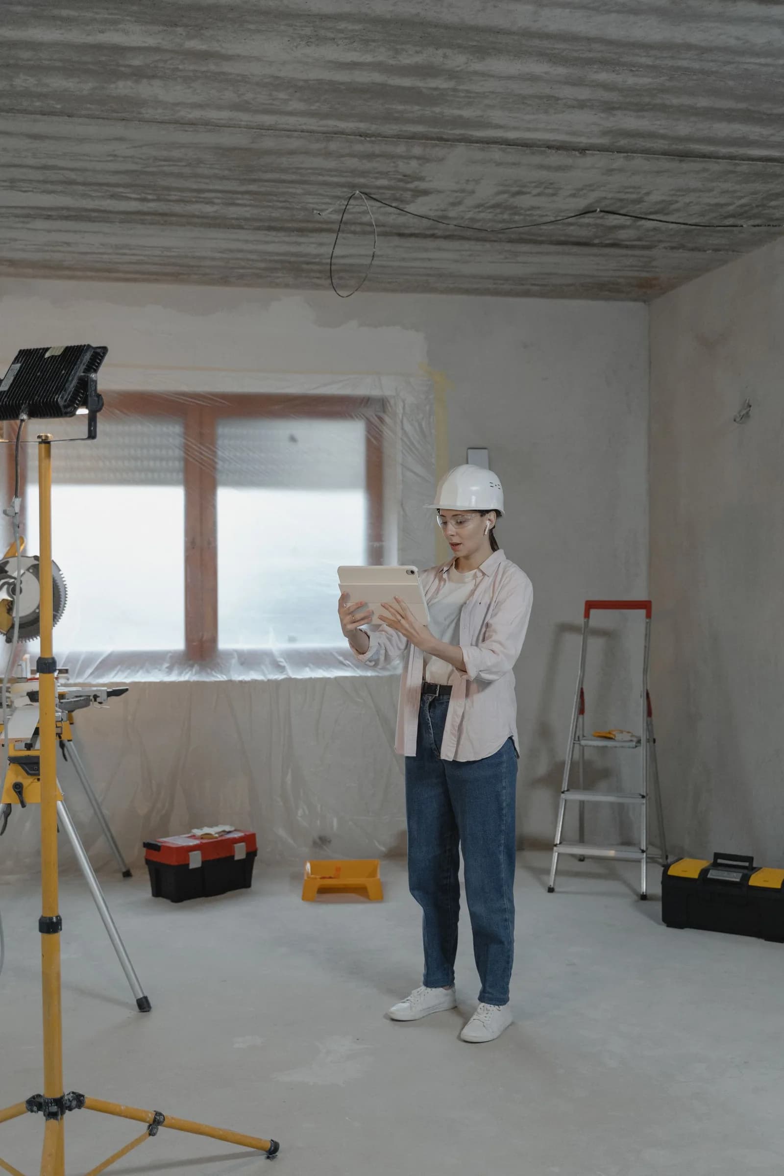 Residential contractor reviewing a project on a tablet at a renovation site
