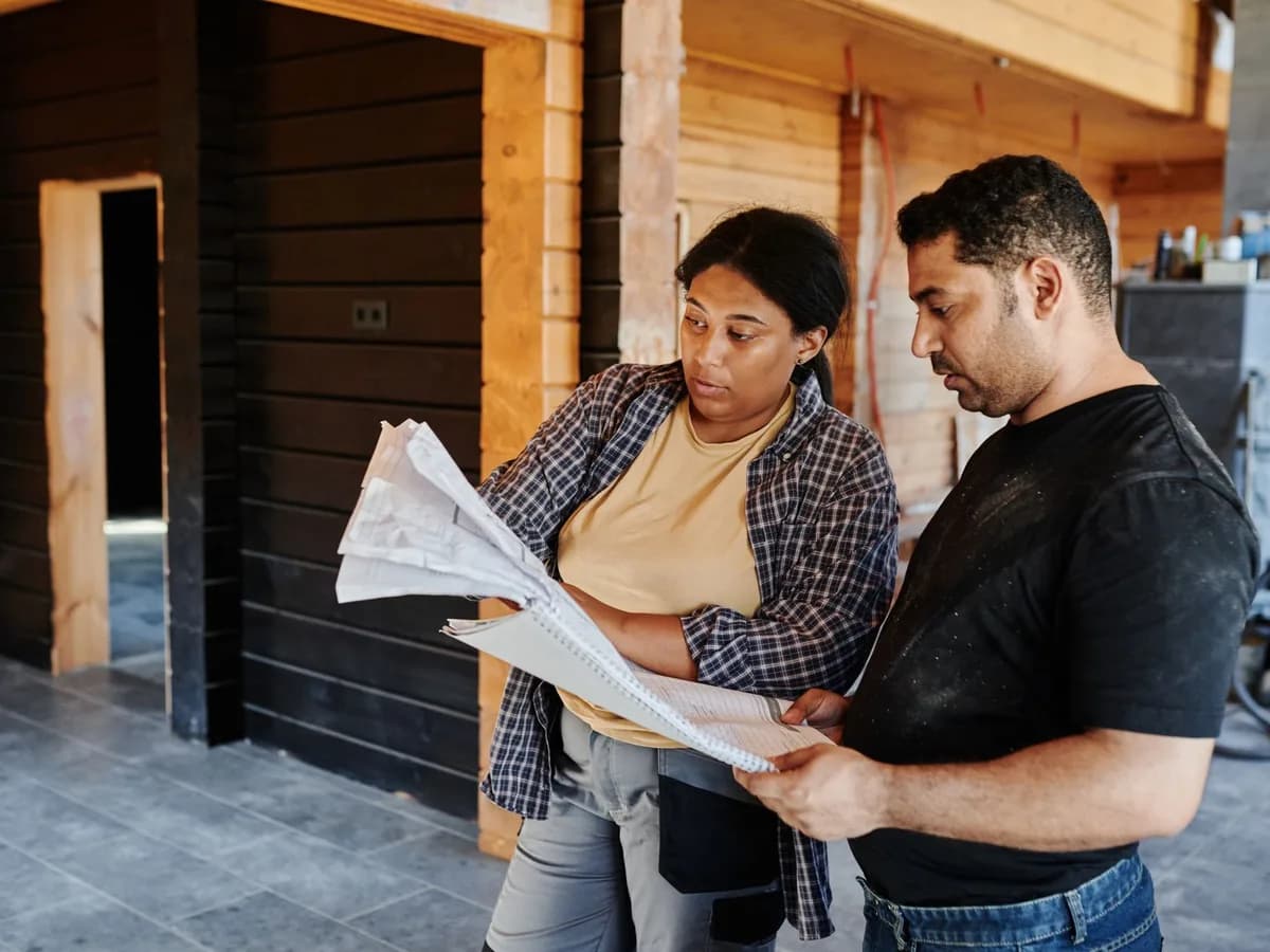 General contractors reviewing plans inside a construction project